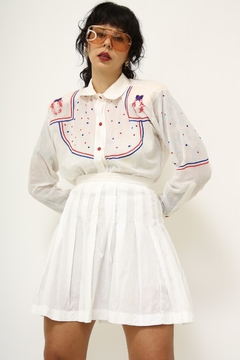 conjunto saia + camisa bordada ombreira algodao vintage
