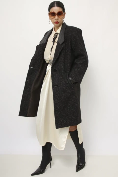 Casaco preto lã gola couro - comprar online