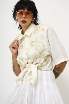 Camisa linho creme estampa bege cowboy - Capichó Brechó