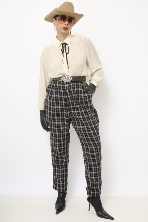 Calça xadrez vintage preta cintura alta