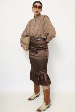 Saia marrom acetinada midi babado - loja online