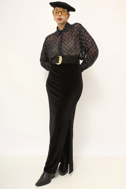 Saia veludo longa fenda cintura alta