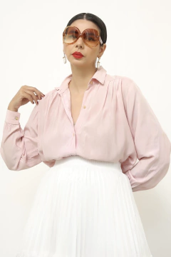 Camisa rosa pregas vintage manga longa