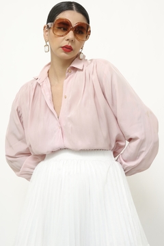 Camisa rosa pregas vintage manga longa na internet