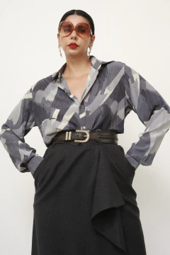 Camisa 100% seda azul estampa - loja online
