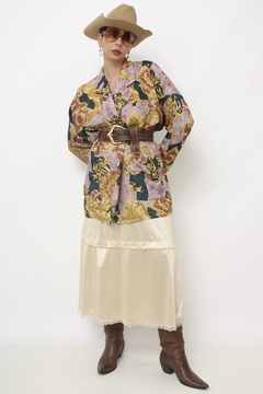 Blazer estampado viscose dourado roxo - Capichó Brechó