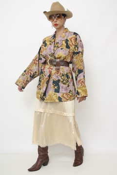 Blazer estampado viscose dourado roxo - Capichó Brechó