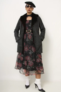 Casaco couro gola de pele vintage