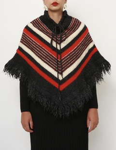 Poncho100% lã cinza com listras vermelha - comprar online