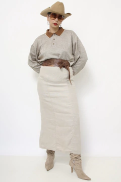 Saia 100% linho bege vintage - Capichó Brechó