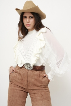 Blusa branca tricot babados western - loja online