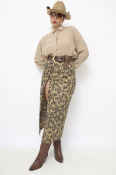 Saia bege flores midi fenda boho - comprar online