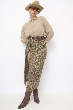 Saia bege flores midi fenda boho - loja online