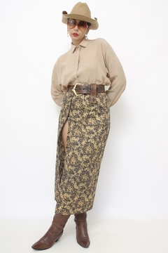 Saia bege flores midi fenda boho