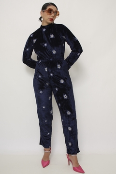 Conjunto azul flores 70´s veludo chic