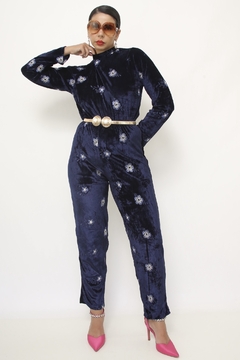 Conjunto azul flores 70´s veludo chic - Capichó Brechó