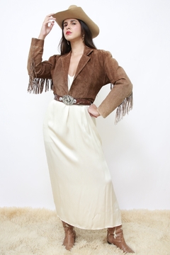 Jaqueta franja marrom cropped western na internet