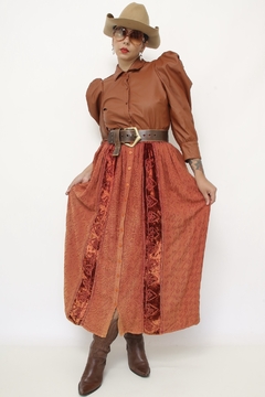 Saia midi laranja BOHO bordada