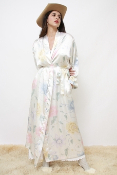 Robe acetinado flores longo - Capichó Brechó