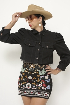 Cropped jeans preto manga bufante - comprar online