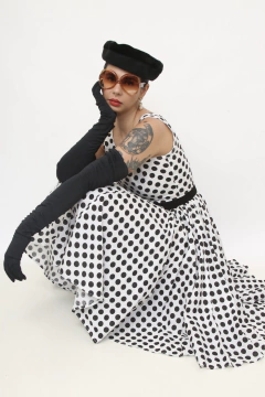 Vestido poa midi saia volume rodado - loja online