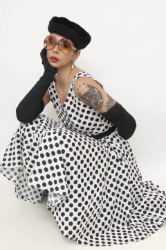 Vestido poa midi saia volume rodado - loja online