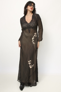 Vestido preto vintage longo forro bege flores na internet