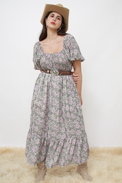 Vestido flora midi manga bufante forrado