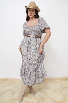 Vestido flora midi manga bufante forrado na internet