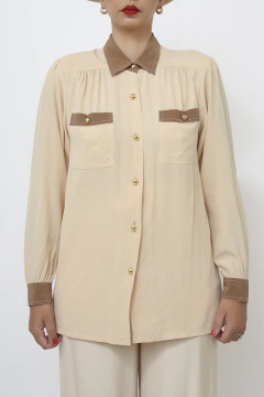 Camisa 100% seda marrom com bege - loja online