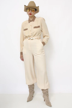 Camisa 100% seda marrom com bege - comprar online