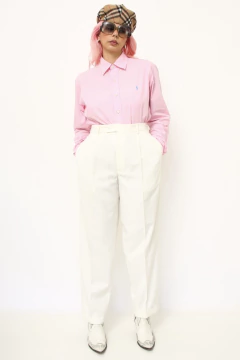 Calça branca pregas cintura alta na internet