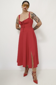 Vestido vermelho midi busto franzido - comprar online