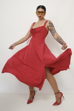 Vestido vermelho midi busto franzido