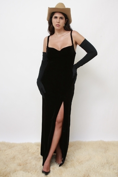 Vestido veludo preto longo fenda - loja online
