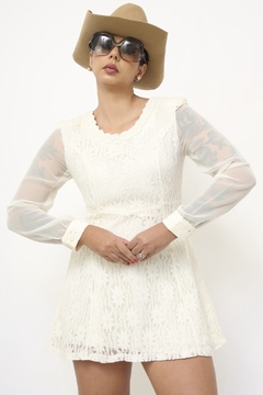 Vestido off white renda manga transparência - loja online