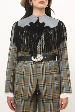 Pala franja preto recorte azul couro legitimo na internet