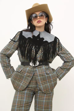 Pala franja preto recorte azul couro legitimo