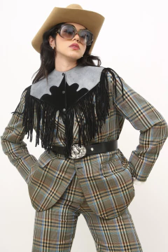 Pala franja preto recorte azul couro legitimo na internet