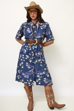 Vestido azul viscose flores com faixa - comprar online
