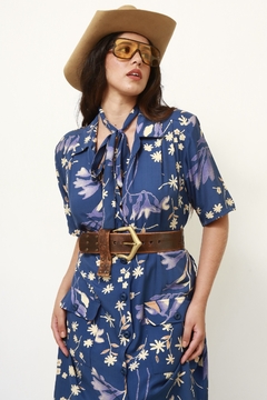 Vestido azul viscose flores com faixa - comprar online