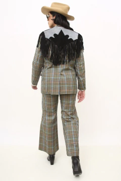 Pala franja preto recorte azul couro legitimo - loja online