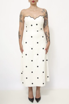 Vestido couro fake poa T.Q.C busto boradado