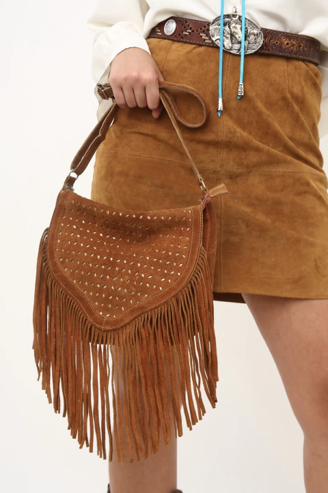 Bolsa couro franja telha