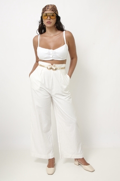Calça pantalona branca cintura alta leve listras - comprar online