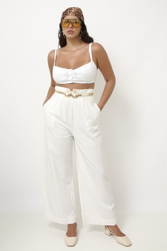 Calça pantalona branca cintura alta leve listras - loja online