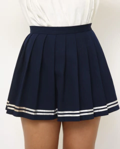 Saia azul lista pregas - Capichó Brechó