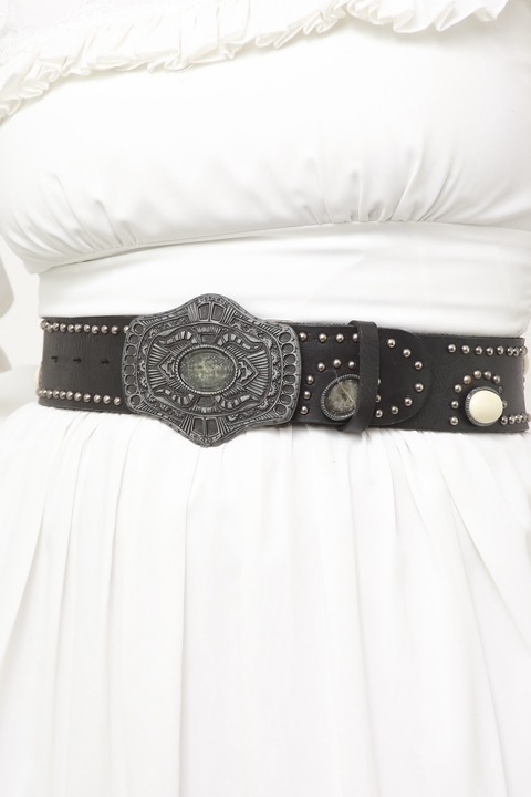 Cinto preto couro fivela pedra western