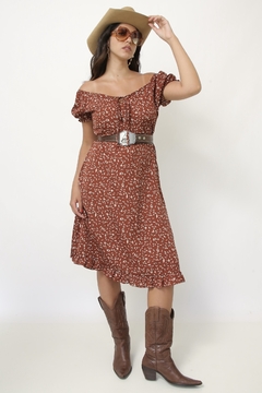 Vestido boho midi marrom flores - loja online