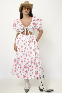 Vestido flores rosa algodão laço - comprar online